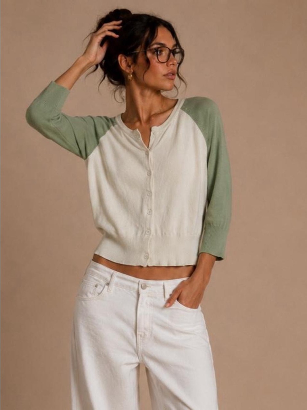 Gap Button-Front Raglan Sweater Cardigan - Sage/Off-White